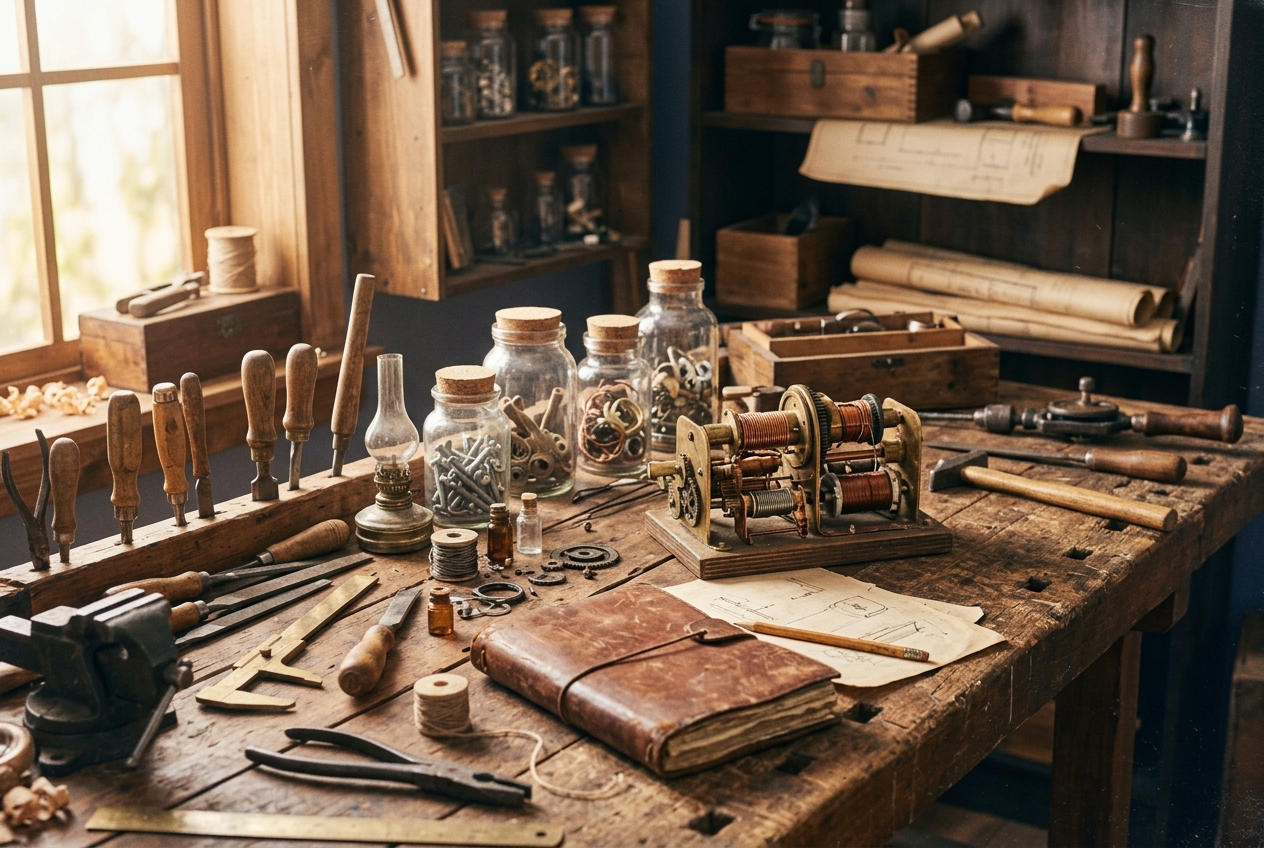A vintage product-development workbench with hand tools and early prototypes